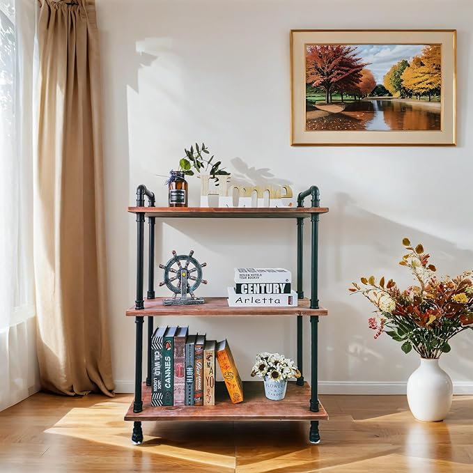 3 Tier Industrial Pipe Bookcase, Rustic Farmhouse Bookshelf with Solid Wood for Living Room, Kitchen, Office