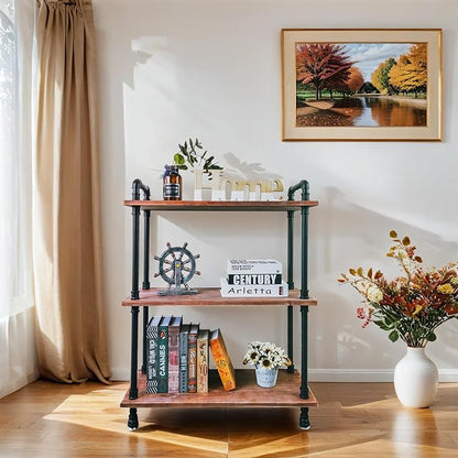 3 Tier Industrial Pipe Bookcase, Rustic Farmhouse Bookshelf with Solid Wood for Living Room, Kitchen, Office