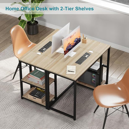SINPAID 40'' Oak Computer Desk with Shelves, Sturdy Light Wood Desks with Storage Space, Modern Gaming Desk Study Writing Laptop Table, Beige