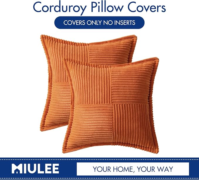 MIULEE Fall Orange Decorative Throw Pillow Covers for Couch Bed Livingroom 20x20 Inch Set of 2 Boho Accent Throw Pllows Broadside Striped Patchwork Soft Corduroy Pillowcases