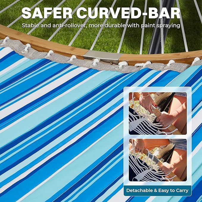 SUPERJARE Hammock with Stand, 2 Person Heavy Duty Hammock with Padded Cotton, Detachable Pillow & Strong Curved-Bar & Portable Carrying Bag, Perfect for Outdoor & Indoor, Blue Stripe