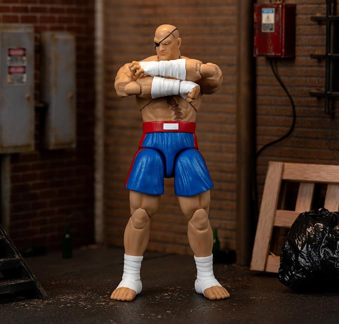 Jada Street Fighter II Sagat Deluxe 1:12 Scale Action Figure - Highly Articulated, Tiger Shot Accessory & Stand, 7.6" Tall