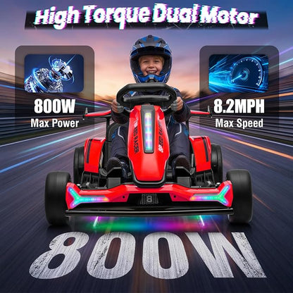 24V Electric Go Kart, Kids Drift Kart with Dual 400W Motors, Length Adjustable Seat, 8.2 MPH Max, 130LBS Max Load, Outdoor Ride on Toy Crazy Kart w/Bluetooth Music, Rainbow Light