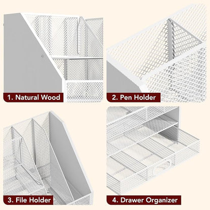 Homsorout Wooden Desk Organizer - Mesh File Organizer with Drawers and Pen Holder - 4-Tier Vertical Paper Letter Storage Tray, Desktop Organizers and Accessories for Home Office （White