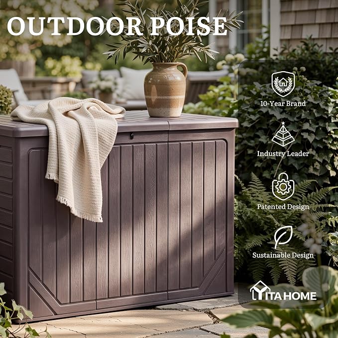 YITAHOME 230 Gallon Extra Large Outdoor Storage Box | Waterproof Double-WallDeck Box with Hydraulic Piston for Garden Tools, Pool Accessories & Cushions, Resin Deck Organizer
