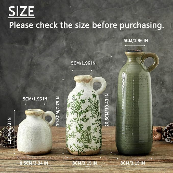 Vintage Vase Set of 3 with Handle, Ceramic Vintage Rustic Vases Home Decor Farmhouse Decorative Vase Pottery Decor Modern for Table Mantel Entryway Bookshelf Living Room Kitchen Bedroom - Green