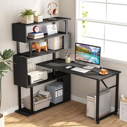 Rotating Computer Desk L-Shaped Office Desk with 5 Shelves Bookcase, Reversible Writing Desk Study Table with Wheels for Home Office, Black