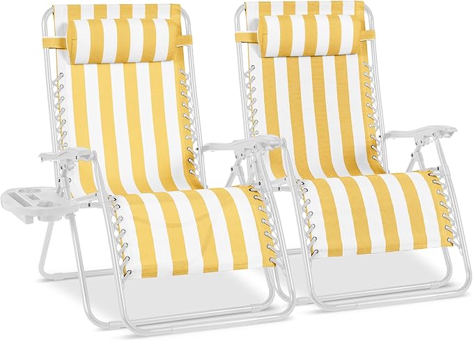 Best Choice Products Set of 2 Extra Wide Adjustable Steel Mesh Zero Gravity Lounge Chair Recliners w/Pillows and Cup Holder Trays - Marigold Stripes/White