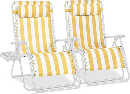 Best Choice Products Set of 2 Extra Wide Adjustable Steel Mesh Zero Gravity Lounge Chair Recliners w/Pillows and Cup Holder Trays - Marigold Stripes/White