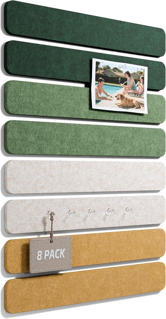 Fluxynara 13" x 2" Felt Wall Panels, Moss Glimmer | 8-Pack Includes 50 Push Pins and Adhesive Tabs for Photos, Notes and Decor in Bedroom Doors, Home Office or Studios