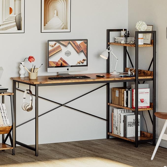 IRONCK Computer Desk 47" with Power Outlet and Storage Shelves,Rustic Brown | Study Writing Table with USB Ports Charging Station, PC Desk Workstation for Home Office