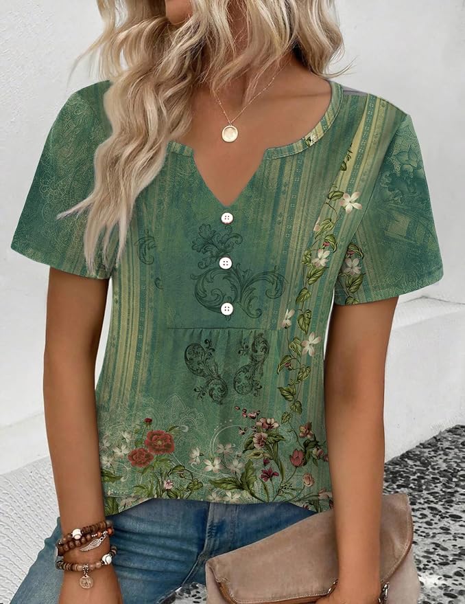 Zeagoo Womens Short Sleeve Tops Summer Henley V-Neck Tshirts Casual Pleated Blouse Dressy Loose Floral Basic Tee