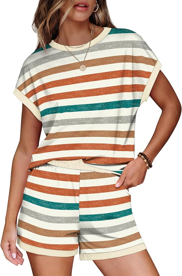 WIHOLL Two Piece Sets for Women Summer Lounge Short Sets Cap Sleeve Crew Neck Sweatsuit with Pocket XS-2XL