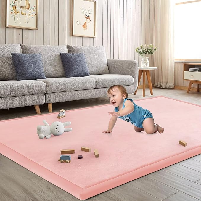 Baby Play Mat for Floor Nursery Rug Muscle Mat Area Rug Playroom Rug 79"x79" Playpen Mat Elastic Foam 1.3" Thick Crawling Mat for Babies,Toddlers, Infants, Kids,Light Pink