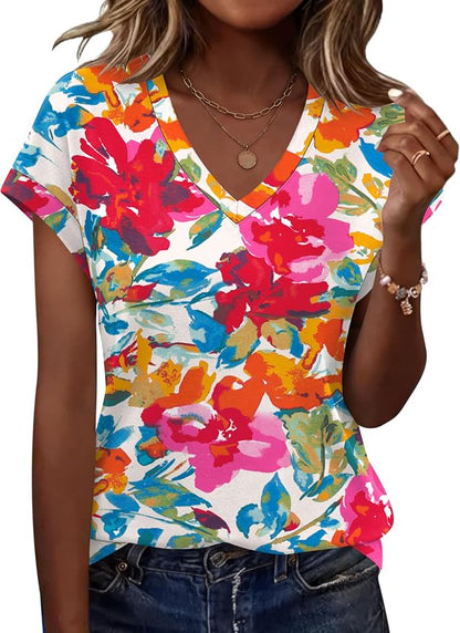 Rapbin Womens Summer Tops Women Blouses Dressy Casual V Neck T Shirts Short Sleeve Spring Tops for Women