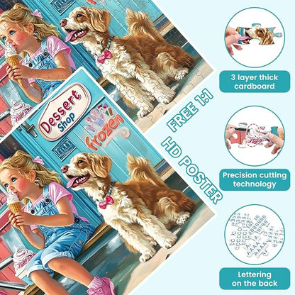 300 Pieces Ice Cream Puzzles for Adults - Puzzles for Kids Ages 6-8 8-10 10-12 - Large Piece Dog Jigsaw Puzzle - Dessert Shop Puzzle for Friends Family Activity Game Nights Gifts