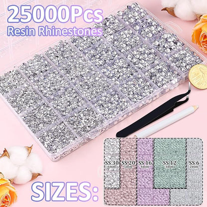 25000Pcs Resin Rhinestones for Crafting, Clear 2-6mm Mixed Sizes Non Hotfix Flatback Gems with 1Pcs Glue, Bedazzling Crystal for DIY Craft Clothing Mugs Tumblers Shoes Fabric Decor Nail Art