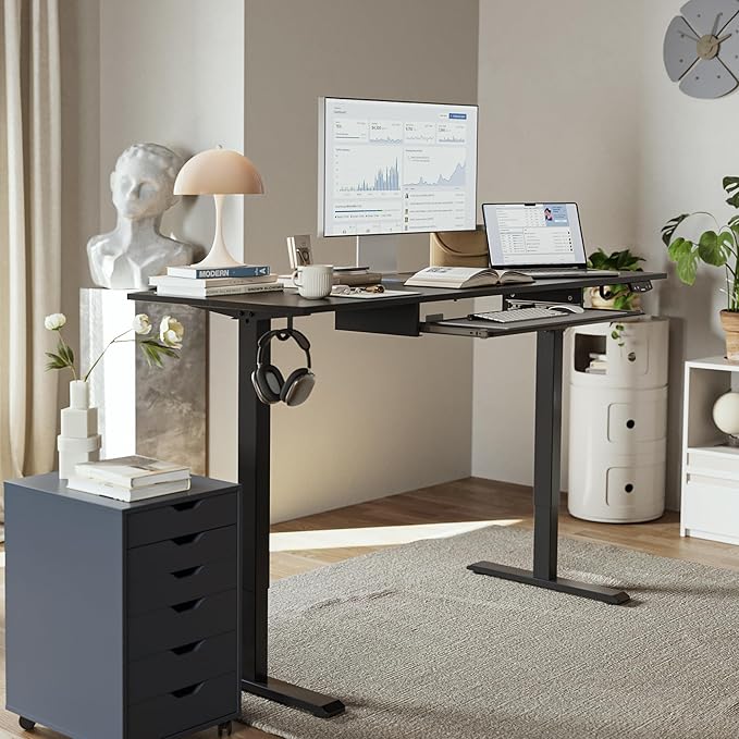 Height Adjustable Desk with Keyboard Tray, 63 x 24 Inches Electric Standing Desk, Stand up Computer Table with Memory Preset, Gaming Modern Lift Motorized Gaming Workstation, Black