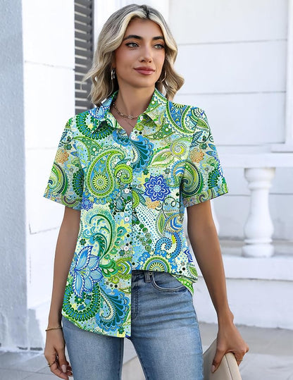 Zeagoo Button Down Shirts for Women Short Sleeve Collared Tops Dressy Casual V Neck Blouses