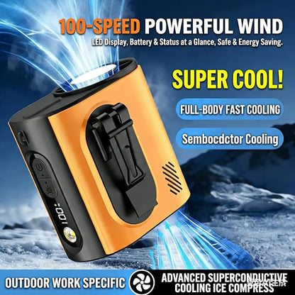Portable Wearable Waist Iec Fan,with Semiconductor Ice Cooler,10000mAh Rechargeable Clip On Belt Cooling Fan, 100-Speed/16000RPM Personal Body Fans,25H Work Time for Camping, Outdoor, Jobsite（Orange）