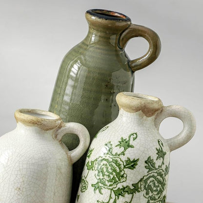 Vintage Vase Set of 3 with Handle, Ceramic Vintage Rustic Vases Home Decor Farmhouse Decorative Vase Pottery Decor Modern for Table Mantel Entryway Bookshelf Living Room Kitchen Bedroom - Green