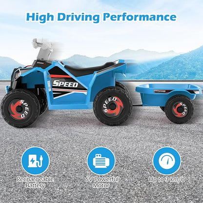 OLAKIDS 6V Kids ATV with Removable Trailer, Forward Backward Function, Widened & Wear-Resistant Wheels, Ride On Toy for Toddlers (Blue)