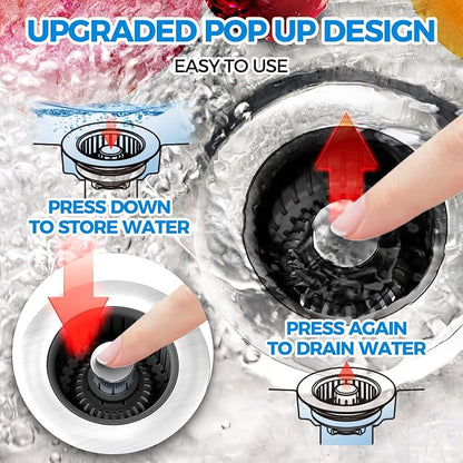 zaa 3 in 1 Kitchen Sink Drain Strainer Stopper Removable Basket Pop-Up | Kitchen Sink Accessories 1 Pack Black Stainless - Food Catcher, Odor-Blocking Seal, Fits 3.5" Drain, Easy Clean