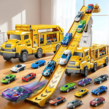 3-in-1 Kid Carrier Truck Toy Car Tracks for Toddlers 2-4 Years Old with 12 Racing Cars Toys, Foldable Chasing Race Track and Car Garage, Car Ramps Birthday Gift for Boys Girls 3-5 4-8(Yellow)