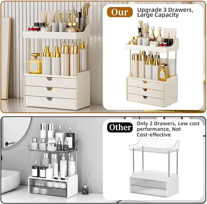 StorBin Arcylic 5-Tier Makeup & Skincare Organizer for Vanity, Bath | Smooth 3 drawers, clear body, gold frame, non-slip, for perfumes, serums, face masks, palettes, vanity & bath counter,white