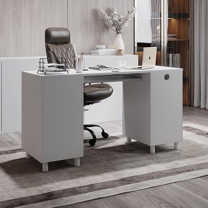 Modern Design By Crafts & comfort Venice Computer Desk - Office Desk with 3 Drawers & CPU Storage Cabinet - Laptop Workstation with Keyboard Tray & Cable Hole - Home & Office Supplies -White