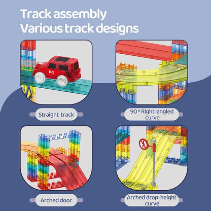 Magnetic Tiles Race Car Track Set STEM Engineering Slot Cars on Flexible Car Tracks 63PCS Educational Magnet Building Blocks Magnetic Car Toys for Kids