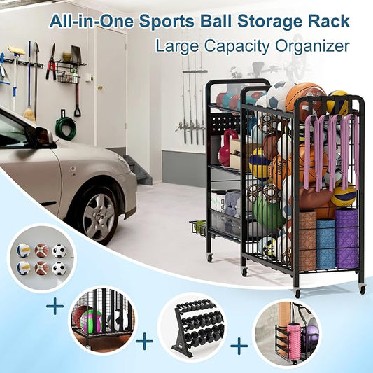 Sports Equipment Garage Organizer,Garage Ball Storage Rack for Sports with Wheels-Upgraded 3 Layers Organizer Rack Outdoor Basketball Racks for Balls with Holder and Hooks (Deep Black)