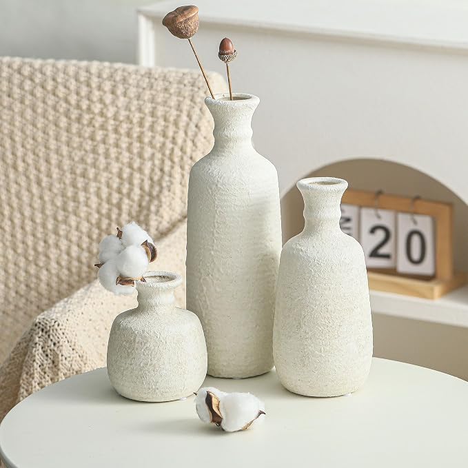 Ceramic Vase Set of 3, Neutral Rustic Vases Home Decor Farmhouse Decorative Vase Whitewashed Pottery Decor Boho Modern for Table Mantel Entryway Bookshelf Living Room Kitchen Bathroom Bedroom - White