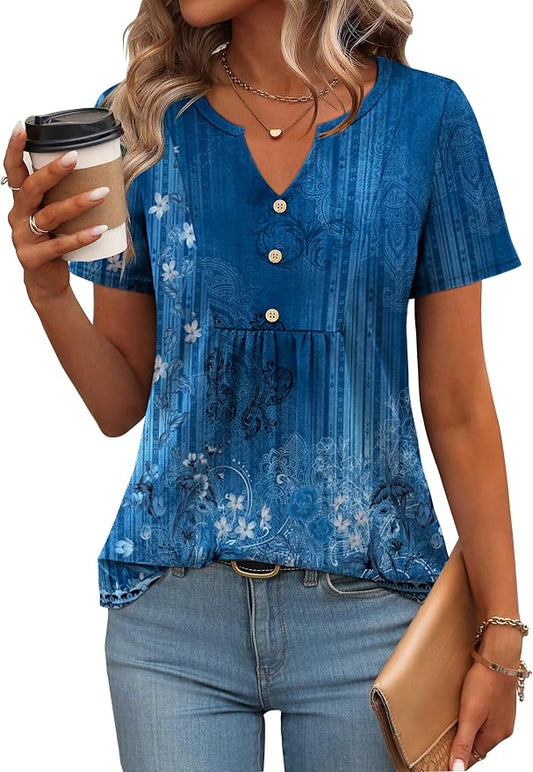 Zeagoo Womens Short Sleeve Tops Summer Henley V-Neck Tshirts Casual Pleated Blouse Dressy Loose Floral Basic Tee