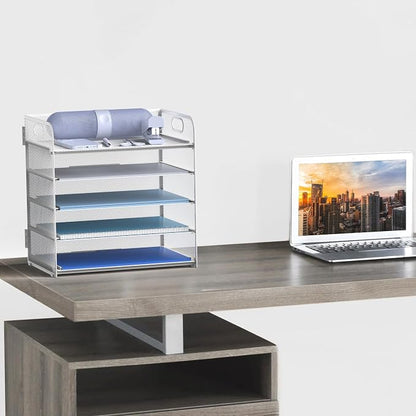 Letter Tray Paper Organizer 5-Tier Desk Organizer File Organizer Paper Holder with Handle, Metal Desktop Document Shelf Tray Office Classroom Organization - White