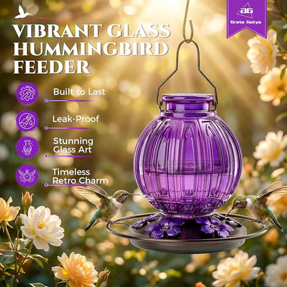 Glass Hummingbird Feeder for Outdoors Hanging, Bird Nectar Feeder with Perch & 5 Flower Feeding Ports, 26 Oz Leak Proof for Outside Garden Decor Backyard, Gifts for Women Mom, Purple