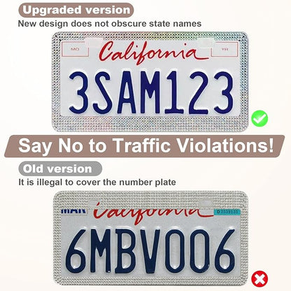 QUANQIUFEI 2 Pack Bling License Plate Frames for Women, Sparkly Rhinestone Diamond Car Accessories with Glitter Crystal Caps (Colorful)