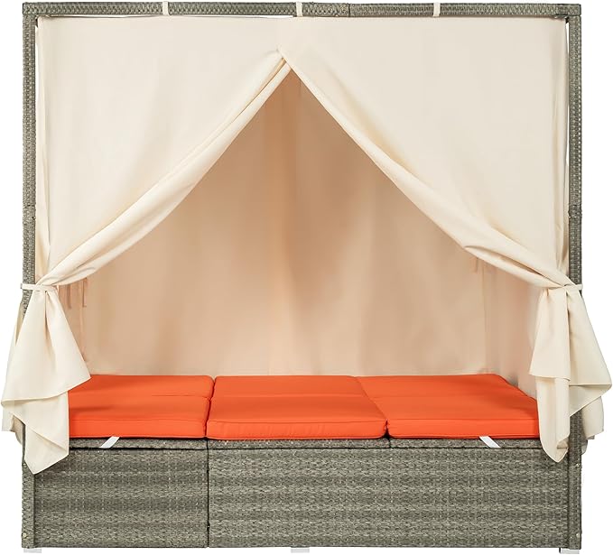 Patio Chaise Lounge, Gray PE Rattan Outdoor Patio Wicker Sunbed Daybed with Adjustable Seats, Four-sided Canopy, Overhead Curtain and Orange Cushion for Backyard, Garden, Poolside (for 2-6 people)