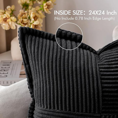 MIULEE Black Corduroy Decorative Euro Sham Pillow Covers 24x24 Inch with Splicing Set of 2 Soft Boho Pillow Covers Broadside Textured Pillowcases for Halloween Couch Bed Livingroom