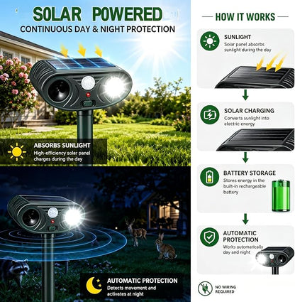 2026 new Solar Animal Repellent Ultrasonic Outdoor with Light Deer Repellent Devices Ultrasonic Cat Repellent Outdoor Fox Raccoon Rabbit Squirrel Coyote Deterrent Waterproof for Yard & Garden Black