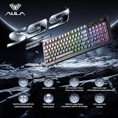 AULA Keyboard Gaming Wireless Creamy Computer Keyboards with Number Pad | Side-printed Light Transmission Letters Keyboard,99 Keys,RGB Backlit,Tri-Mode BT/2.4GHz/USB-C Connection,Gradient Grey