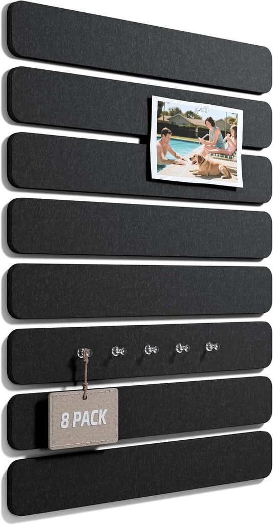 Fluxynara 13" x 2" Felt Wall Panels, Black | 8-Pack Includes 50 Push Pins and Adhesive Tabs for Photos, Notes and Decor in Bedroom Doors, Home Office or Studios
