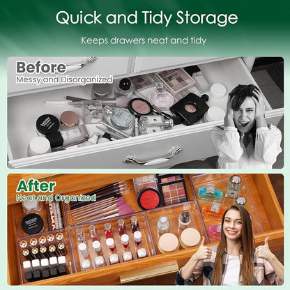 Criusia Drawer Organizer Set, Acrylic Non Slip Non Cracking Kitchen Drawer Storage Tray Large Size Divider, Multifunctional Storage for Cosmetics, Bathroom, Tools, Kitchen and Office (8 PACK)