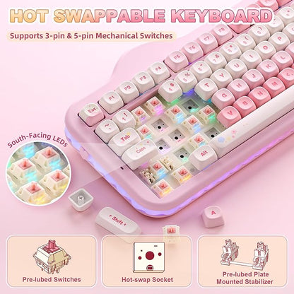 YUNZII C98 Cute Cake Wireless Mechanical Keyboard(Pink, Candy Switch) | 99 Keys with Number Pad, Hot Swap, PBT MOA Keycaps, BT5.0/2.4G/USB-C, Gasket Mount, Custom RGB Backlit for Win/Mac