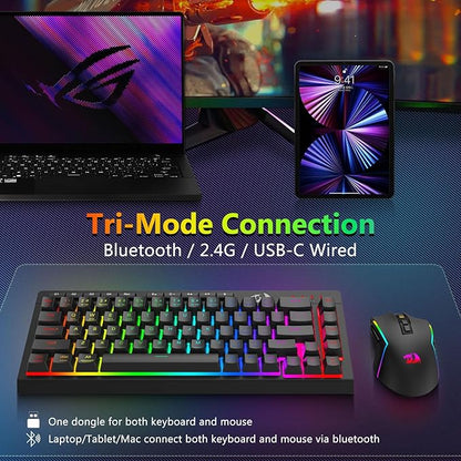 Redragon Wireless Gaming Keyboard and Mouse Combo, 60% Portable, Black | Bluetooth/2.4G/USB-C Wired, RGB Backlit, Quiet Rechargeable Macro Membrane Keyboard & 12800 DPI Mouse for Win/MAC