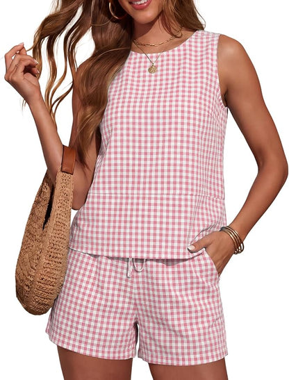 LOMON Women's Trendy 2 Piece Outfits Shorts Sets Summer Crew Neck Sleeveless Tank Top and Bottom Matching with Pockets 2026