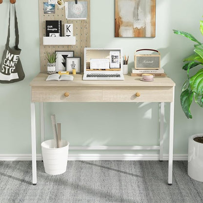 Weehom Computer Desk with Drawers, Home Office Workstation, Beige | Sturdy and spacious workstation for writing, studying and gaming, Suitable for PC and laptop use