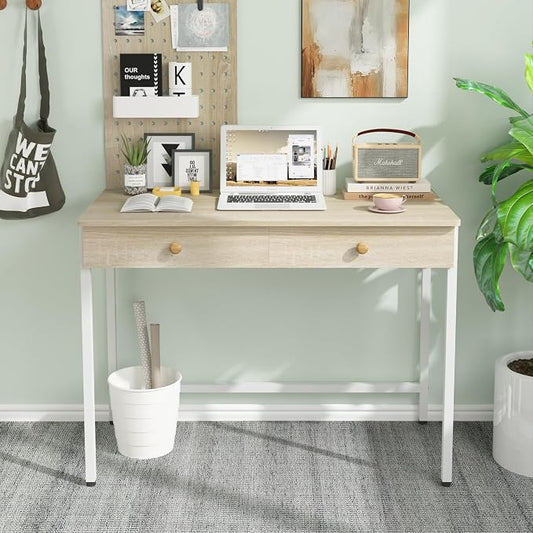 Weehom Computer Desk with Drawers, Home Office Workstation, Beige | Sturdy and spacious workstation for writing, studying and gaming, Suitable for PC and laptop use