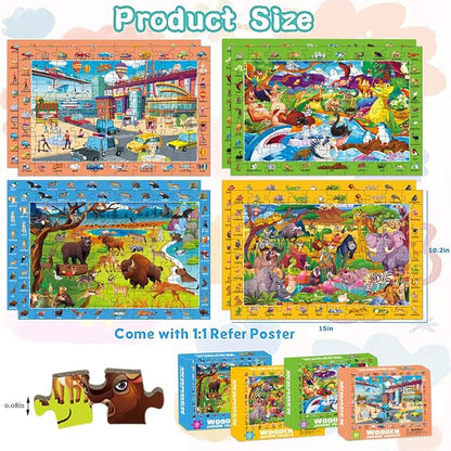 100 Piece Puzzles for Kids Ages 4-6 8-10, Safe Educational Jigsaw Puzzles Wildlife, Jungle, Fantasy & City Life, Fun Learning Toys Gifts for Boys Girls 4-Pack
