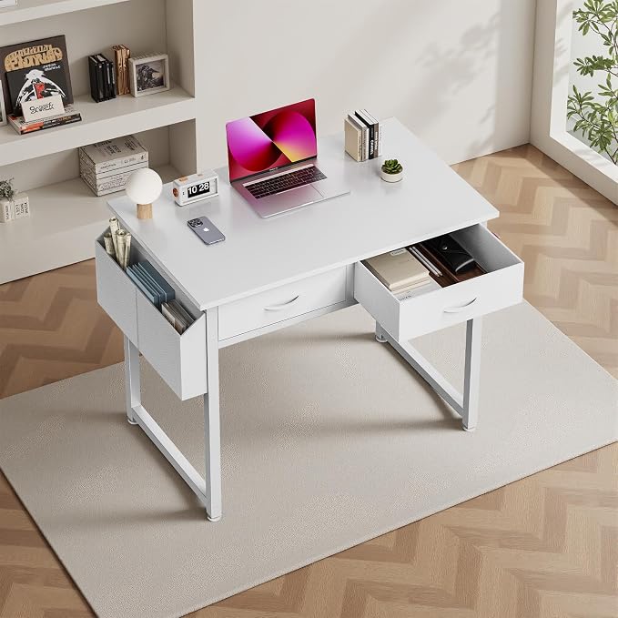 DUMOS 32" Home Office Computer Desk with Drawers, Small Gaming Writing Study Table with Storage Side Bag, Headphone Hook and Adjustable Feet for Bedroom White | Home Office Desk for Bedroom, Gaming Writing Study Desk with Adjustable Feet